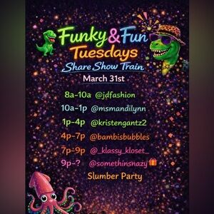 Funky and Fun Tuesday Share Train -8a- 12pm EST
Stop #2 @ 10a-1p EST March 31st!